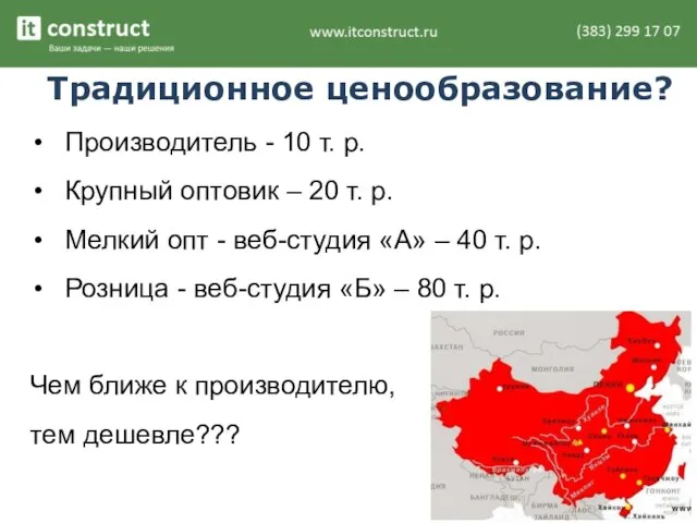 Традиционное ценообразование? Производитель - 10 т. р. Крупный оптовик – 20 т.