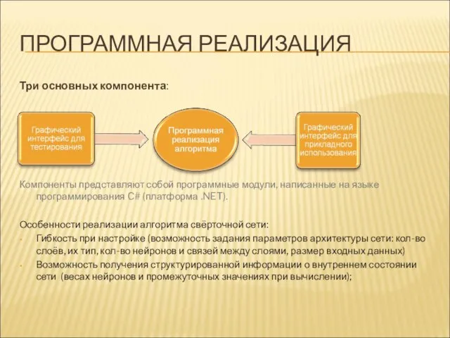 ПРОГРАММНАЯ РЕАЛИЗАЦИЯ Три основных компонента: Компоненты представляют собой программные модули, написанные на