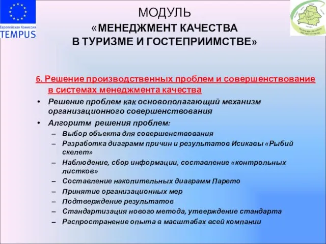 МОДУЛЬ «МЕНЕДЖМЕНТ КАЧЕСТВА В ТУРИЗМЕ И ГОСТЕПРИИМСТВЕ» 6. Решение производственных проблем и