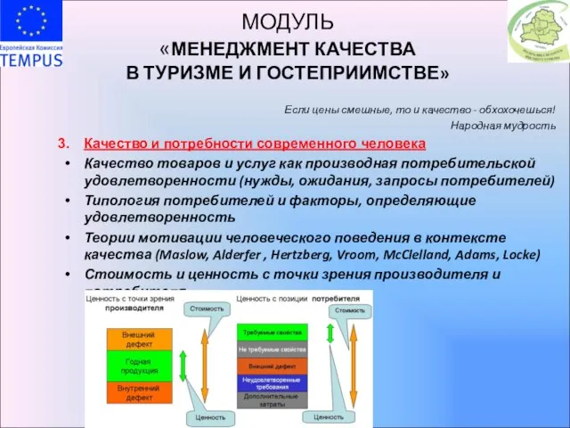 МОДУЛЬ «МЕНЕДЖМЕНТ КАЧЕСТВА В ТУРИЗМЕ И ГОСТЕПРИИМСТВЕ» Если цены смешные, то и