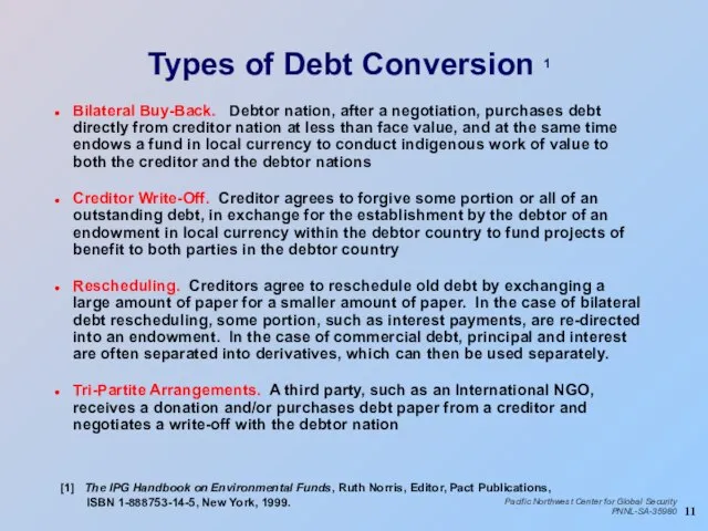 Types of Debt Conversion 1 Bilateral Buy-Back. Debtor nation, after a negotiation,