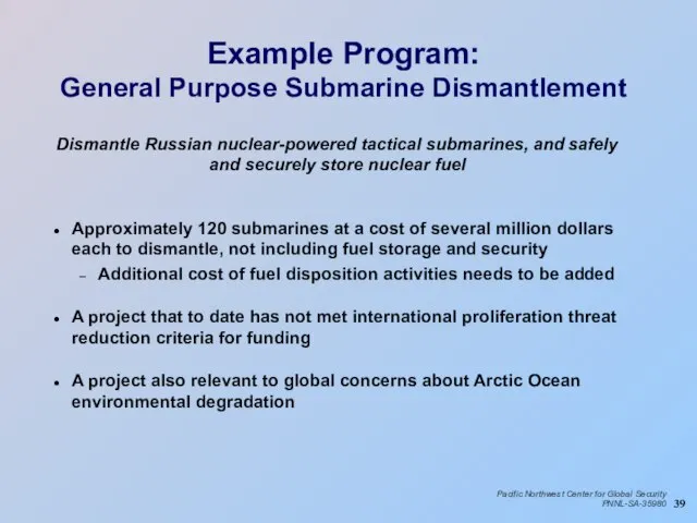 Example Program: General Purpose Submarine Dismantlement Approximately 120 submarines at a cost