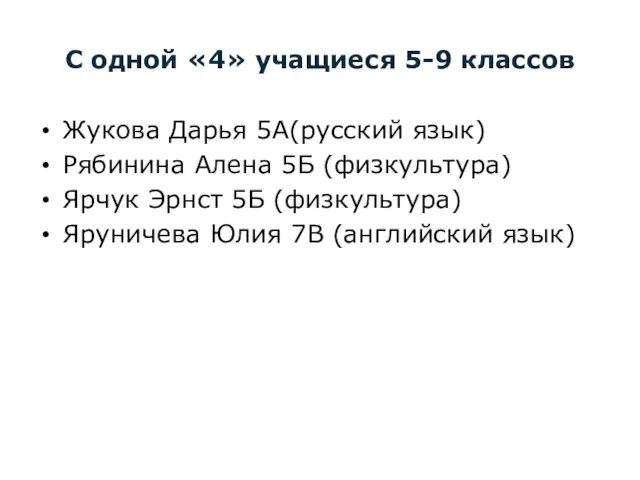 С одной «4» учащиеся 5-9 классов Жукова Дарья 5А(русский язык) Рябинина Алена