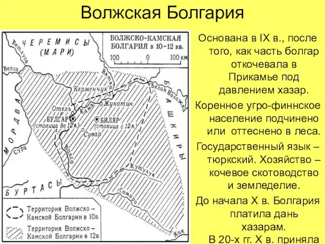 Волжская Болгария Основана в IX в., после того, как часть болгар откочевала