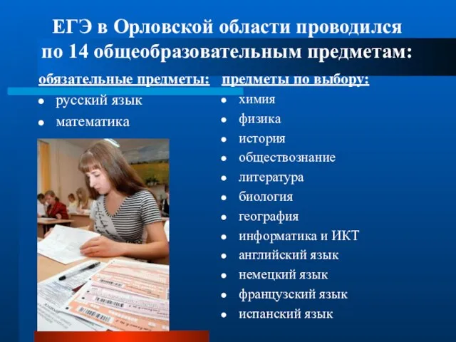 ЕГЭ в Орловской области проводился по 14 общеобразовательным предметам: обязательные предметы: русский