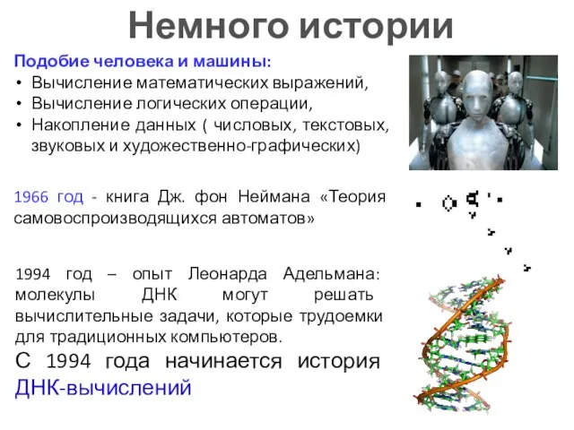 Немного истории 1994 год – опыт Леонарда Адельмана: молекулы ДНК могут решать