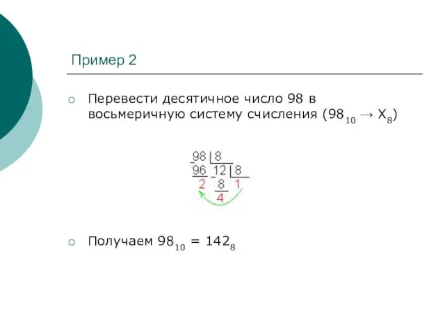 Пример 2 Перевести десятичное число 98 в восьмеричную систему счисления (9810 →