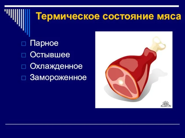 Термическое состояние мяса Парное Остывшее Охлажденное Замороженное