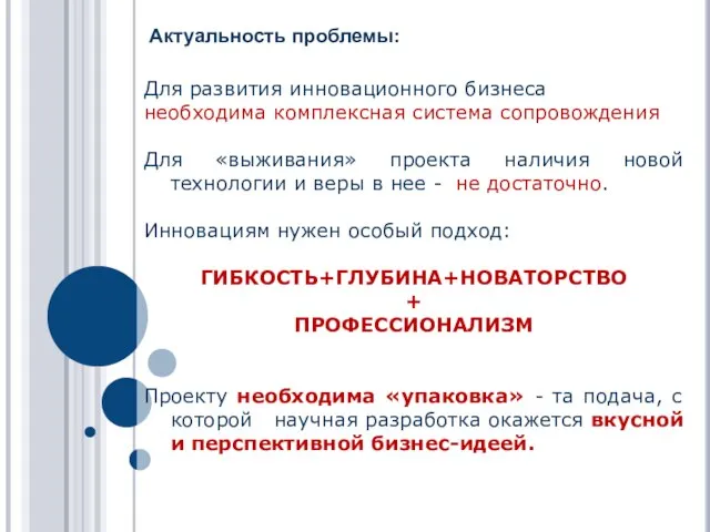 Актуальность проблемы: Для развития инновационного бизнеса необходима комплексная система сопровождения Для «выживания»