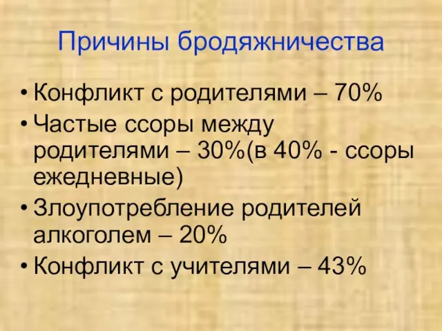 Причины бродяжничества Конфликт с родителями – 70% Частые ссоры между родителями –