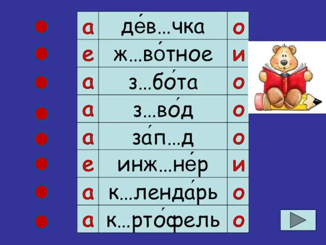 де́в…чка ж…во́тное з…бо́та з…во́д за́п…д инж…не́р к…ленда́рь к…рто́фель е а а о