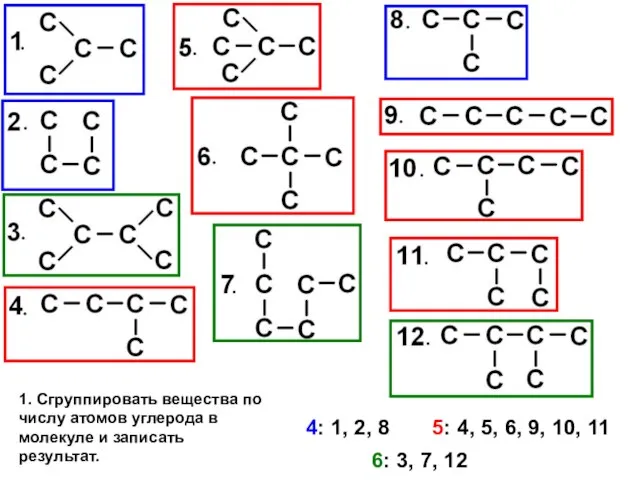1. Сгруппировать вещества по числу атомов углерода в молекуле и записать результат.