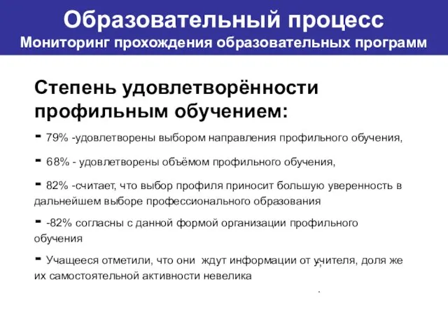 Образовательный процесс Мониторинг прохождения образовательных программ Степень удовлетворённости профильным обучением: - 79%