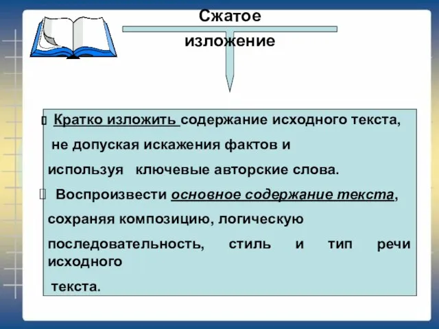 Сжатое изложение Кратко изложить содержание исходного текста, не допуская искажения фактов и