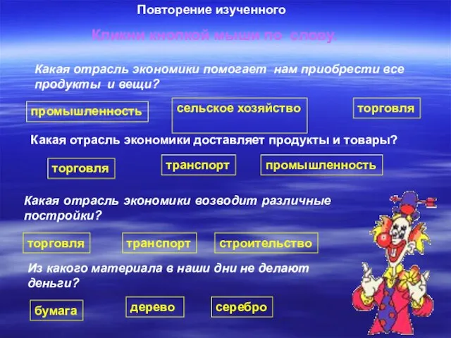 Какая отрасль экономики помогает нам приобрести все продукты и вещи? промышленность сельское