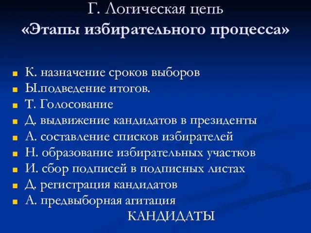 Г. Логическая цепь «Этапы избирательного процесса» К. назначение сроков выборов Ы.подведение итогов.