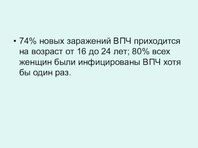 74% новых заражений ВПЧ приходится на возраст от 16 до 24 лет;