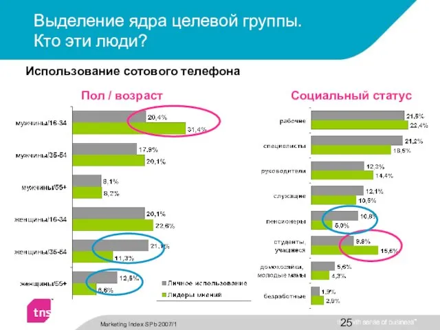 Выделение ядра целевой группы. Кто эти люди? Социальный статус Пол / возраст