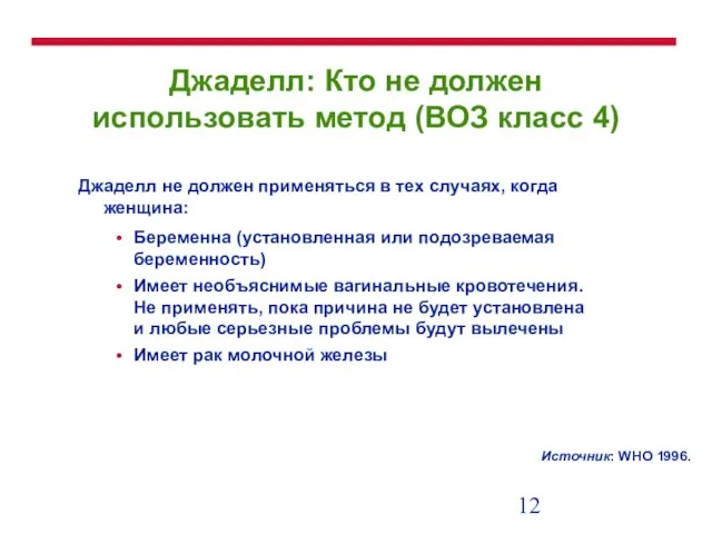 Источник: WHO 1996. Джаделл: Кто не должен использовать метод (ВОЗ класс 4)