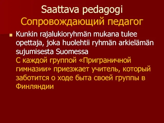 Saattava pedagogi Cопровождающий педагог Kunkin rajalukioryhmän mukana tulee opettaja, joka huolehtii ryhmän