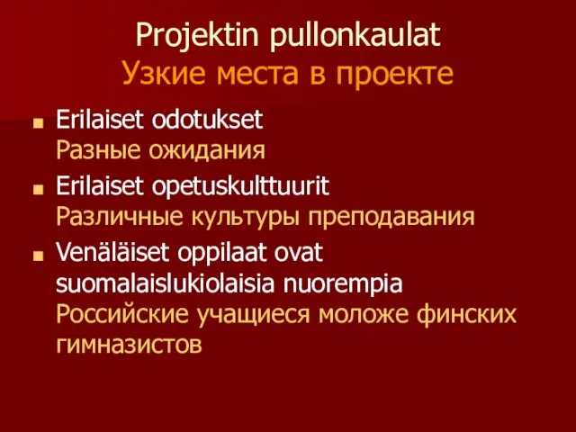 Projektin pullonkaulat Узкие места в проекте Erilaiset odotukset Разные ожидания Erilaiset opetuskulttuurit