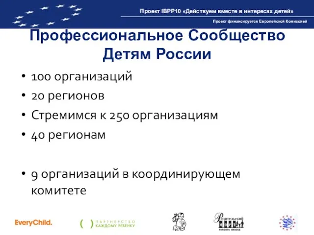 Профессиональное Сообщество Детям России 100 организаций 20 регионов Стремимся к 250 организациям
