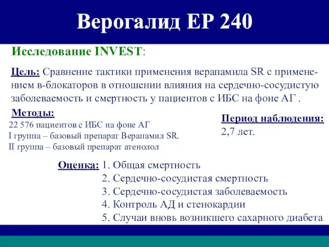 Верогалид ЕР 240 Исследование INVEST: Цель: Сравнение тактики применения верапамила SR с