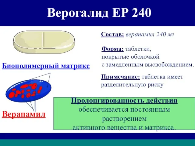 Верогалид ЕР 240 Состав: верапамил 240 мг Форма: таблетки, покрытые оболочкой с
