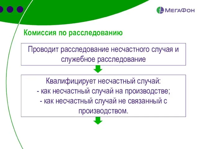 Комиссия по расследованию Проводит расследование несчастного случая и служебное расследование Квалифицирует несчастный