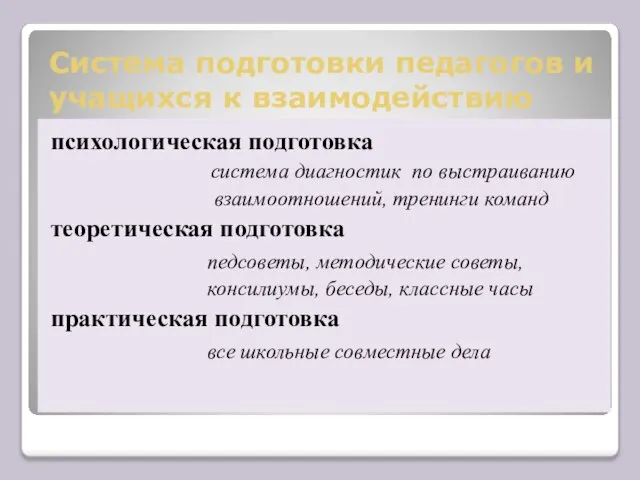 Система подготовки педагогов и учащихся к взаимодействию психологическая подготовка система диагностик по