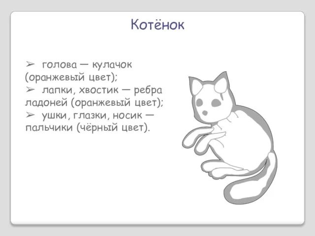 Котёнок ➢ голова — кулачок (оранжевый цвет); ➢ лапки, хвостик — ребра