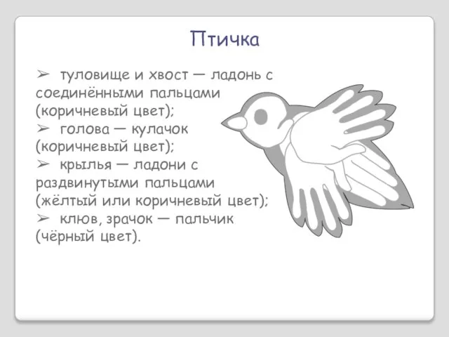 Птичка ➢ туловище и хвост — ладонь с соединёнными пальцами (коричневый цвет);