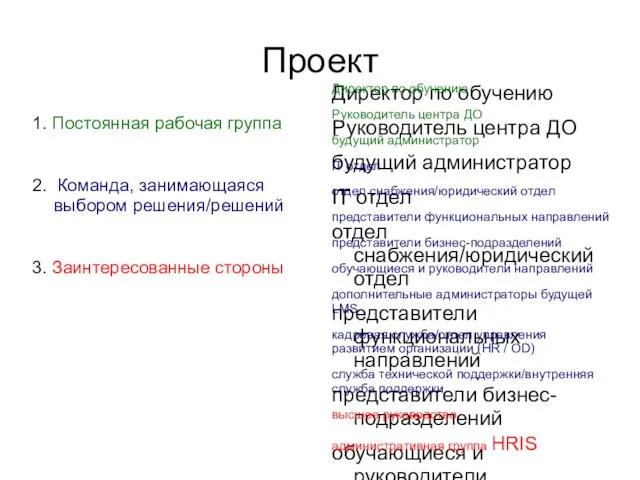 Проект 1. Постоянная рабочая группа 2. Команда, занимающаяся выбором решения/решений 3. Заинтересованные