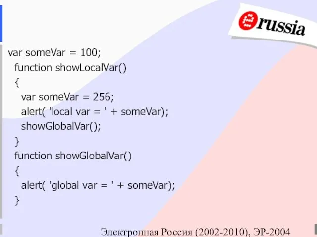 Электронная Россия (2002-2010), ЭР-2004 var someVar = 100; function showLocalVar() { var