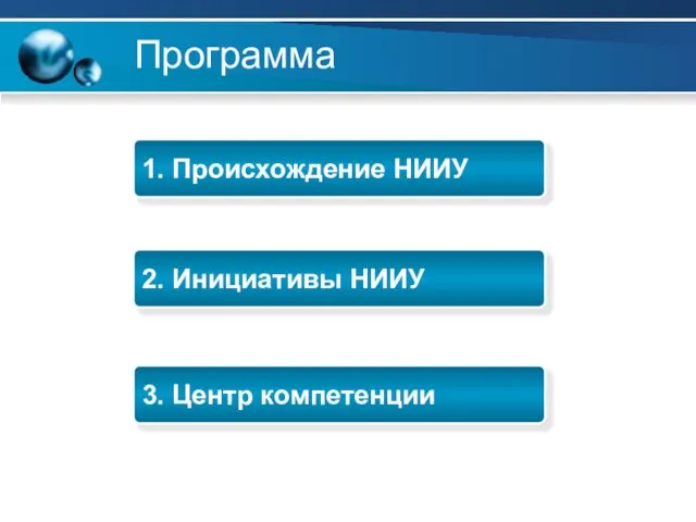 Программа 1. Происхождение НИИУ 2. Инициативы НИИУ 3. Центр компетенции