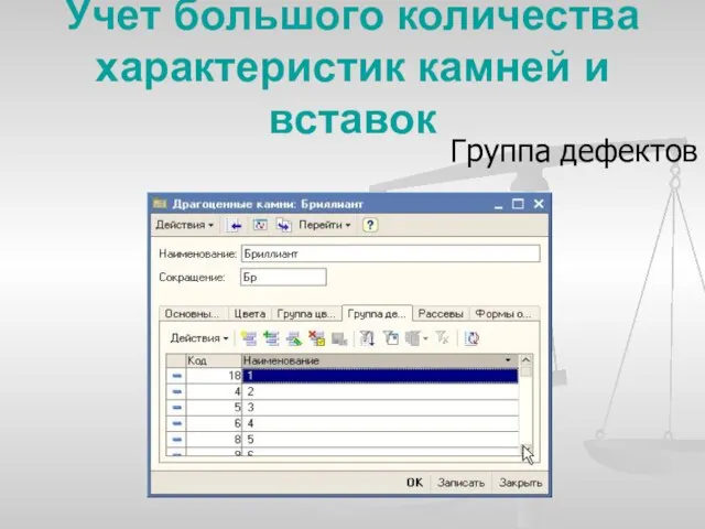 Учет большого количества характеристик камней и вставок Группа дефектов