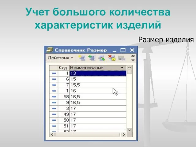Учет большого количества характеристик изделий Размер изделия