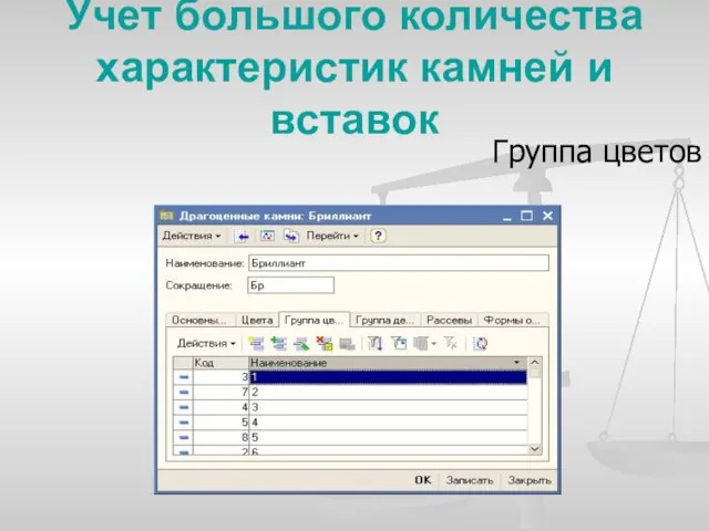 Учет большого количества характеристик камней и вставок Группа цветов