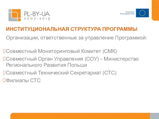 ИНСТИТУЦИОНАЛЬНАЯ СТРУКТУРА ПРОГРАММЫ Организации, ответственные за управление Программой: Совместный Мониторинговый Комитет (СМК)