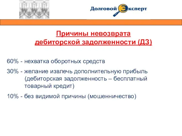 Причины невозврата дебиторской задолженности (ДЗ) 60% - нехватка оборотных средств 30% -