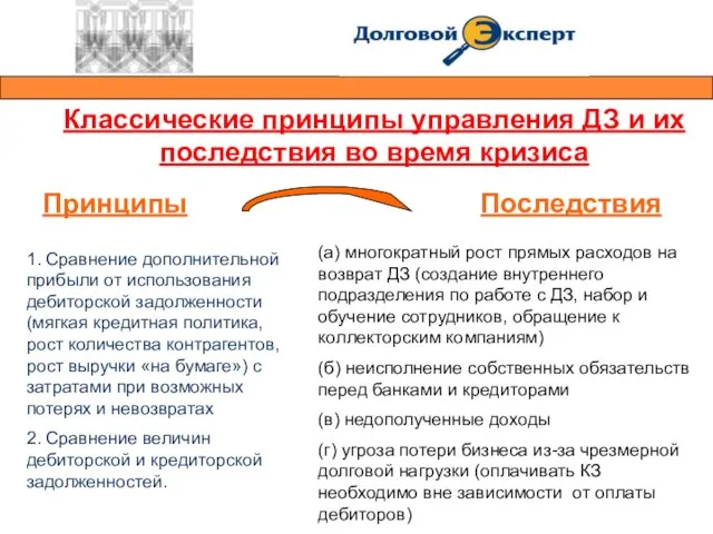 Классические принципы управления ДЗ и их последствия во время кризиса 1. Сравнение