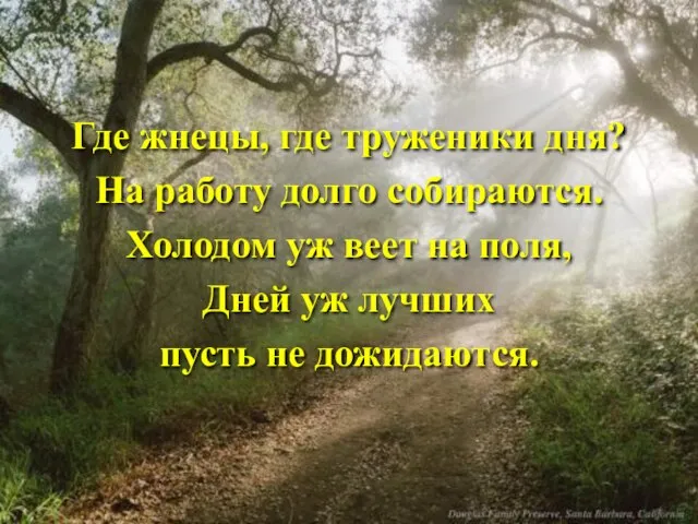 Где жнецы, где труженики дня? На работу долго собираются. Холодом уж веет