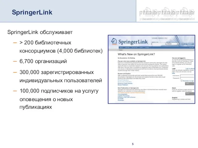 SpringerLink обслуживает > 200 библиотечных консорциумов (4,000 библиотек) 6,700 организаций 300,000 зарегистрированных