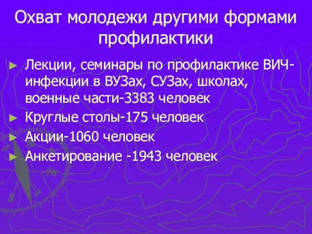 Охват молодежи другими формами профилактики Лекции, семинары по профилактике ВИЧ-инфекции в ВУЗах,