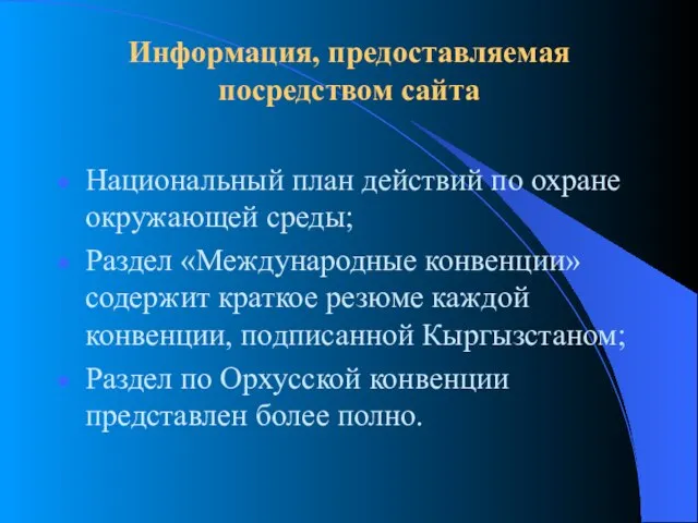 Информация, предоставляемая посредством сайта Национальный план действий по охране окружающей среды; Раздел