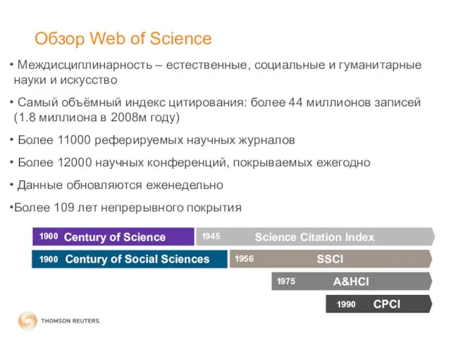 Science Citation Index SSCI Century of Science 1900 1956 A&HCI 1975 1945