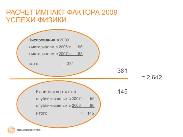 РАСЧЕТ ИМПАКТ ФАКТОРА 2009 УСПЕХИ ФИЗИКИ 381 145 = 2,642