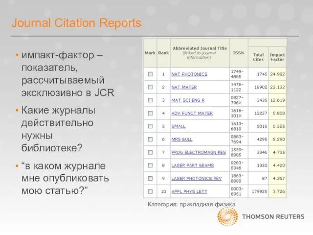 Journal Citation Reports импакт-фактор – показатель, рассчитываемый эксклюзивно в JCR Какие журналы