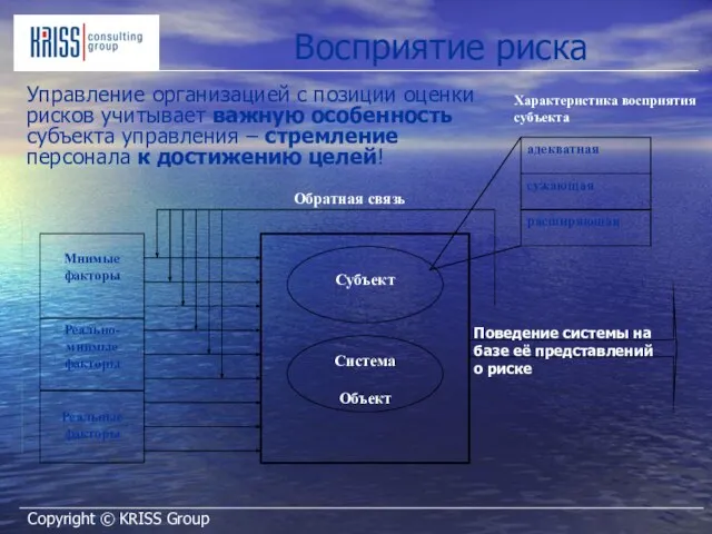 Восприятие риска Управление организацией с позиции оценки рисков учитывает важную особенность субъекта