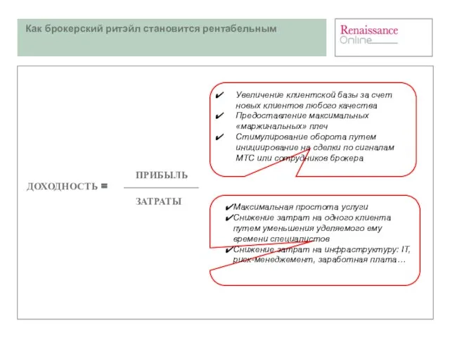 Как брокерский ритэйл становится рентабельным ДОХОДНОСТЬ = ПРИБЫЛЬ ЗАТРАТЫ Увеличение клиентской базы